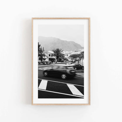 Black and White Long Exposure Motion Blur Car Photography, Tenerife Spain Europe Speeding Car Photo, Original Fine Art Travel Photography
