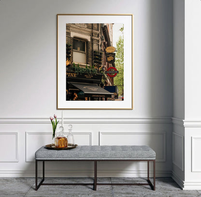 Framed "The Porcupine Pub" photo displayed above a bench with flowers and glassware in an elegant white room.
