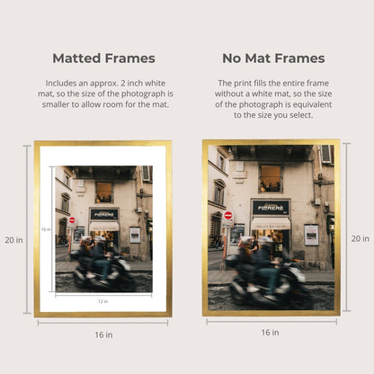 The image is a comparison between two different framed photographs. The first frame is a matte frame, and the second frame is a no mat frame. The text provides information about the size of the photographs and the frame sizes, with the first frame being approximately 12 inches and the second frame being approximately 16 inches.