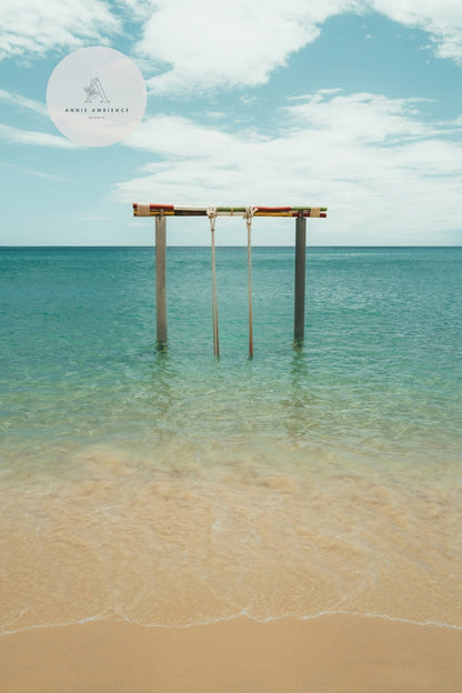 Calm ocean view with a wooden structure beneath clouds. Logo: Ky Co Beach - Set of 3 in the corner.