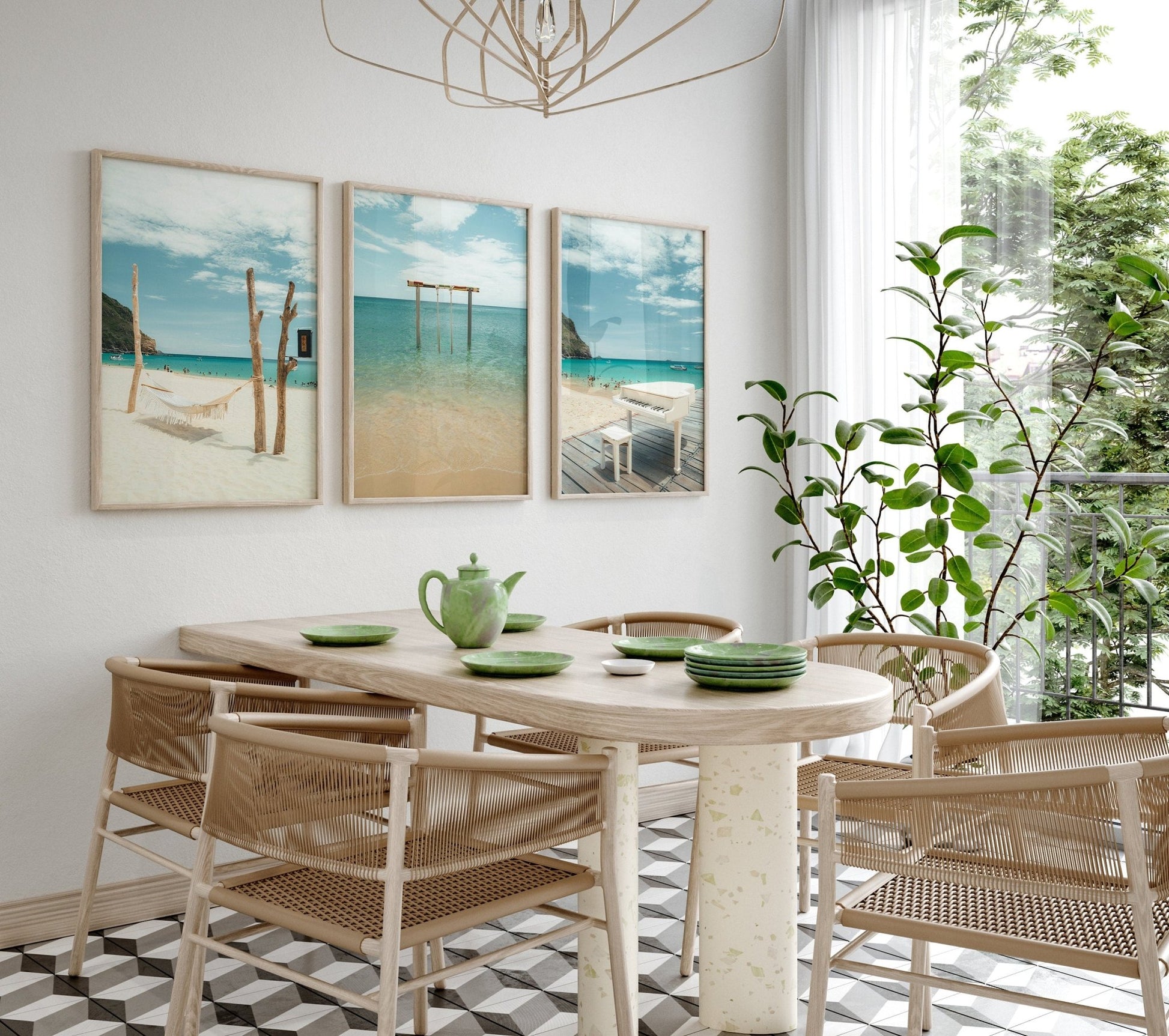 Bright dining room with wooden table, wicker chairs, Ky Co Beach - Set of 3 wall art, hanging light fixture, and plant.