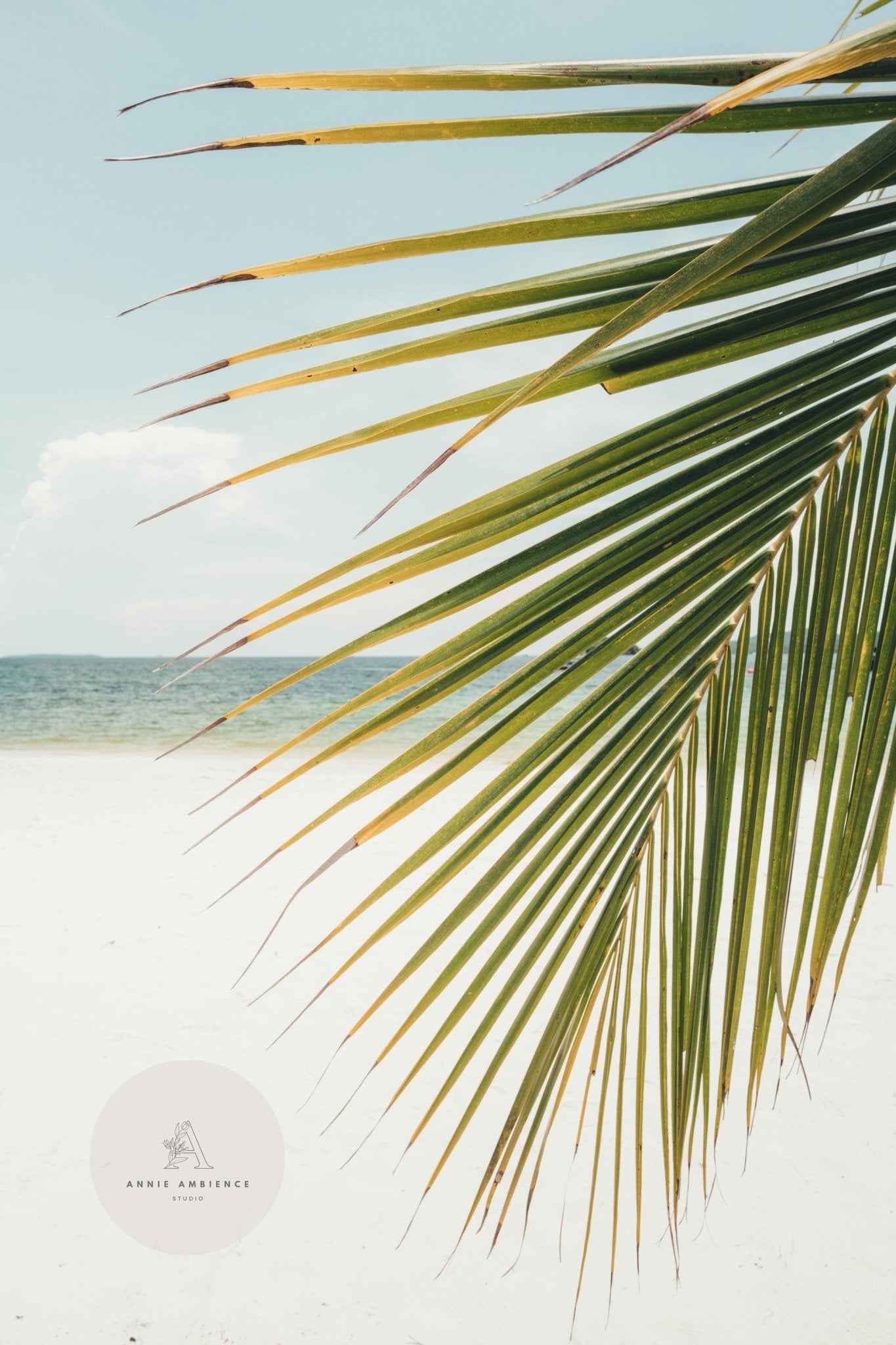 Close-up of palm leaves on a sunny beach with white sand and blue ocean from the Tropical Turquoise - Set of 3.