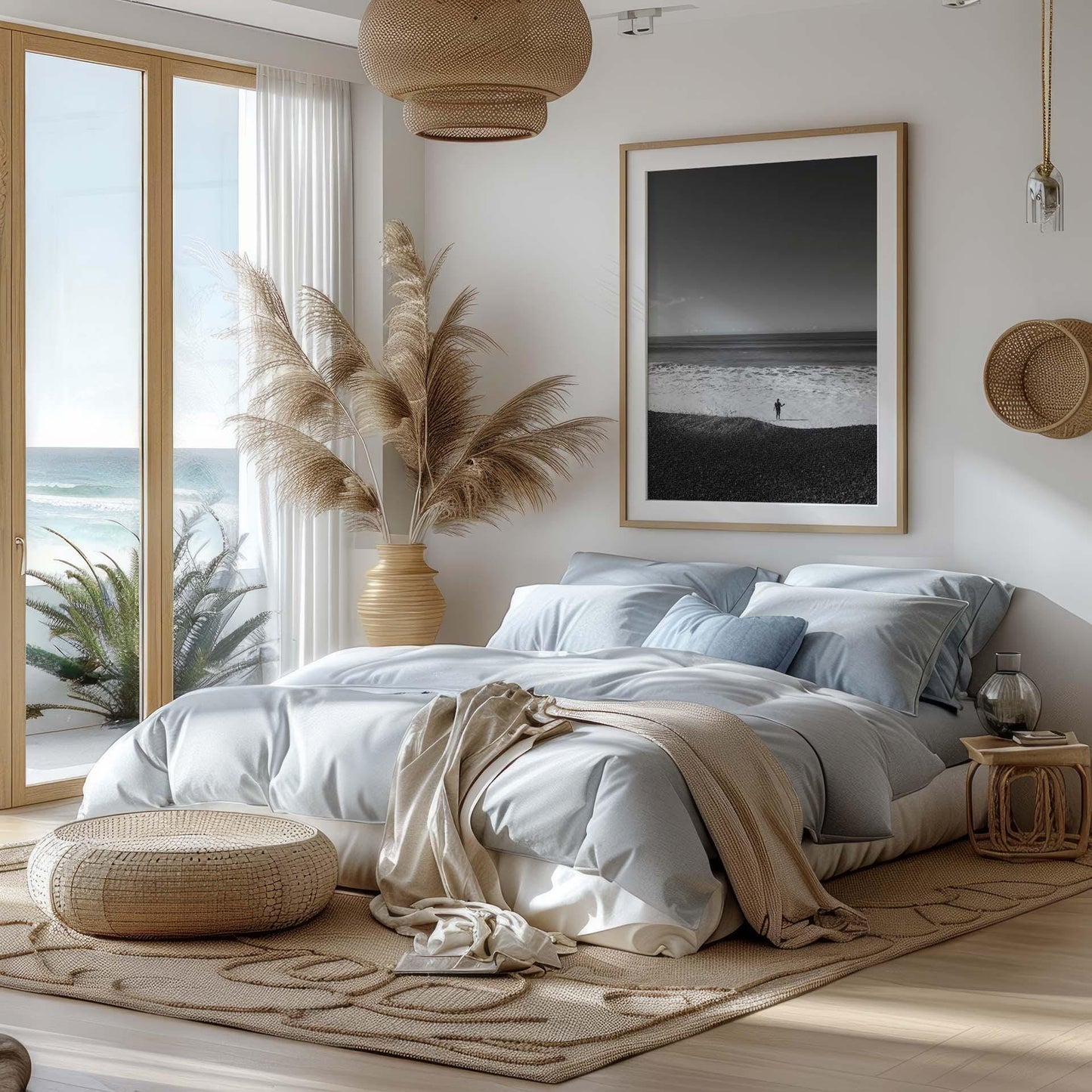 Bright, airy bedroom with ocean view decor featuring Waves at Your Feet Black and White, a large bed, and potted plant.