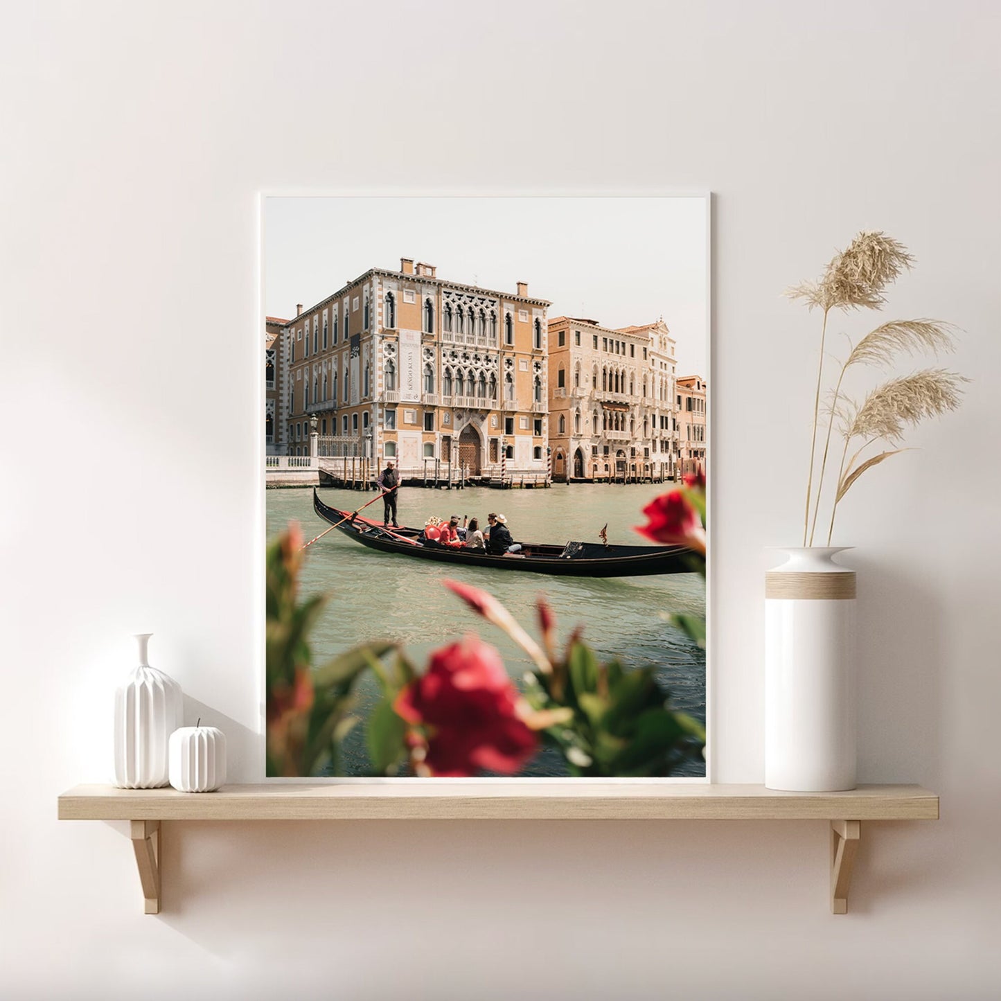 Venice Italy Floral Gondola Print, Gondola in Grand Canal, Italian Wall Art, Spring in Italy Lifestyle Photography, Red Italy Flowers