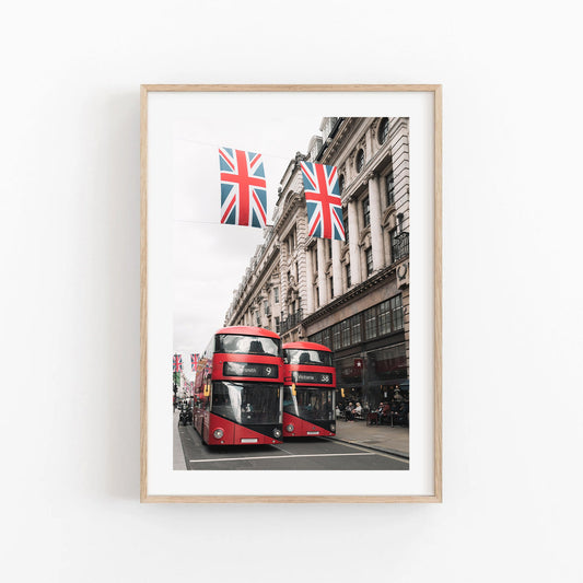 London Street Photography of Iconic Red Bus and UK Flags, Photos of London Cityscape, Classic London Print, Europe Travel City Print