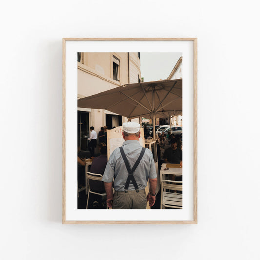 Italian Man Cafe Suspenders Photograph, Timeless Street Photography Wall Art, Man in Street People Photography, Travel Photograph Print