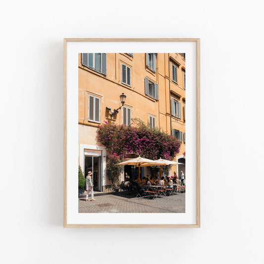 Bright Italy Print Italian Lifestyle Photo Rome Street Photograph Yellow House Italian Wall Art Outdoor Cafe Flowers Rome Photography Pink
