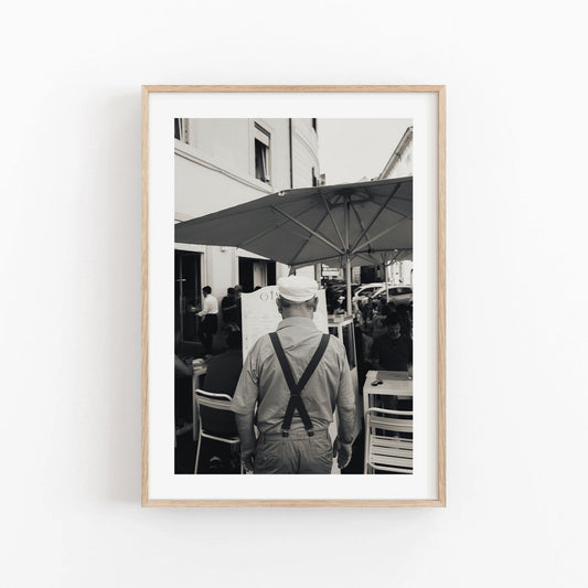 Black and White Classic Travel Photo, Italian Man Cafe Suspenders Photograph, Timeless Street Photography Wall Art, People Photography