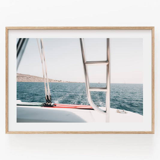 Santorini Greece Boat on Mediterranean Sea, Sailboat Photography, Nautical Photography, Mediterranean Coast Wall Art, Europe Seascape Print