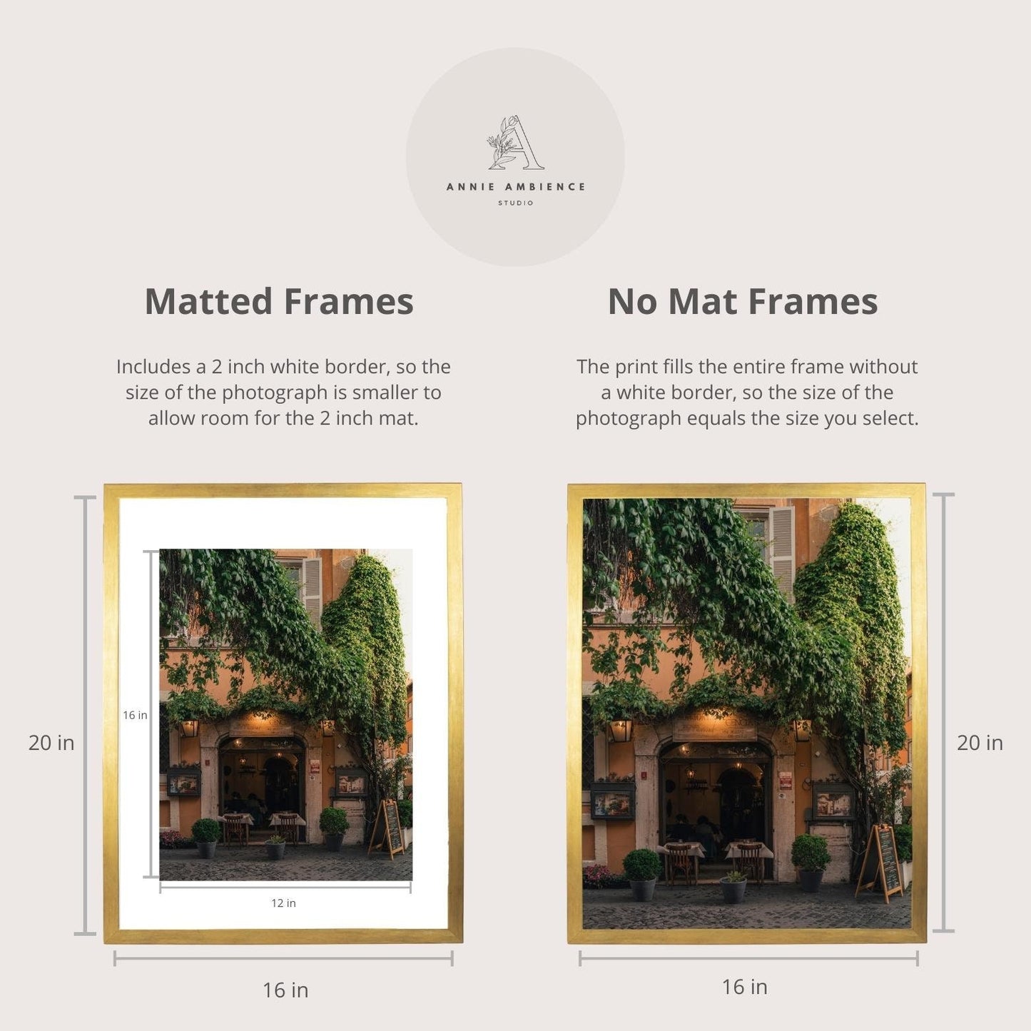 Choose matted or no mat frames: Matted frames include a 2 inch white border, so the size of the photograph is smaller to allow room for the 2 inch mat. No Mat frames do not have a white border, so the size of the photograph equals the size you select.