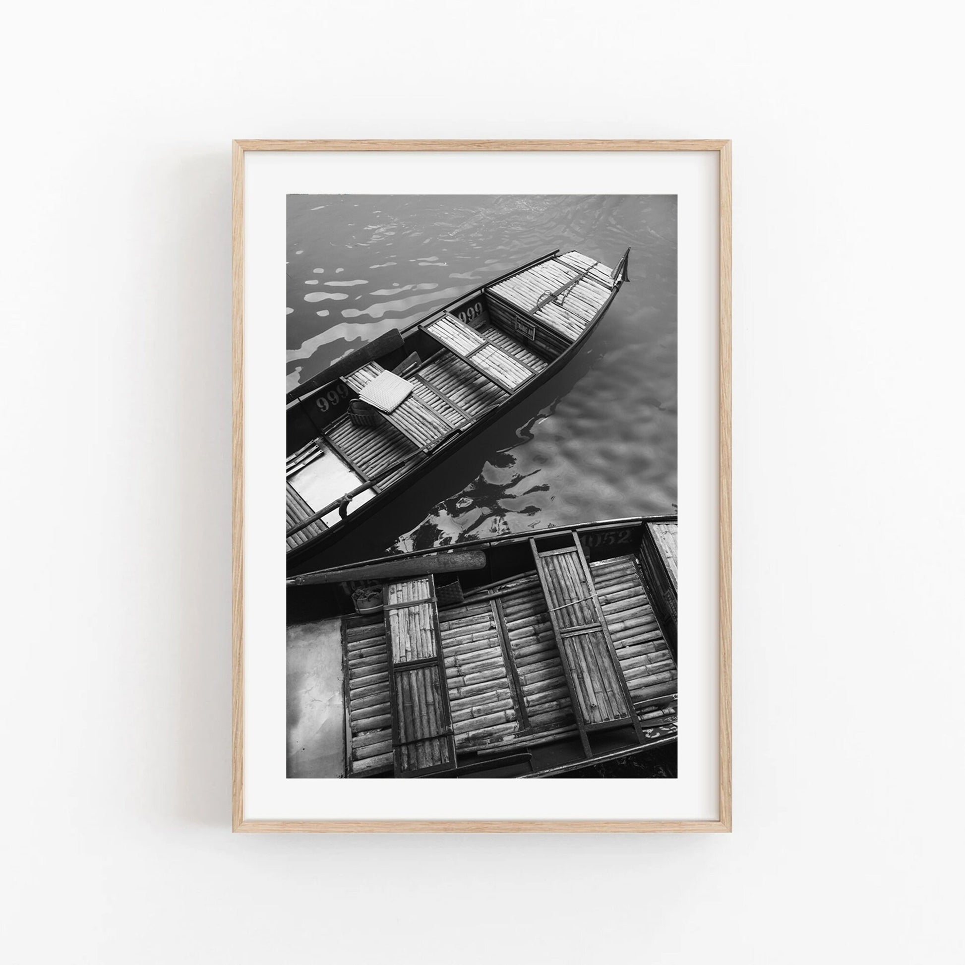 Black and White Timeless Vietnam Photograph Bamboo Boats Asia Travel Fineart Photography Monochromic Photo Large Framed Print Museum-quality