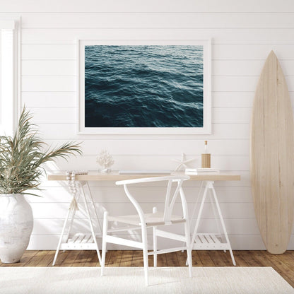 Framed photograph of teal blue ocean water ripples close up against a minimalist, white coastal decor.