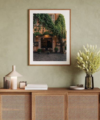 Photograph of green vines hanging in the cobblestone streets of Trastevere, Rome against a light green wall and neutral toned living room cabinet.