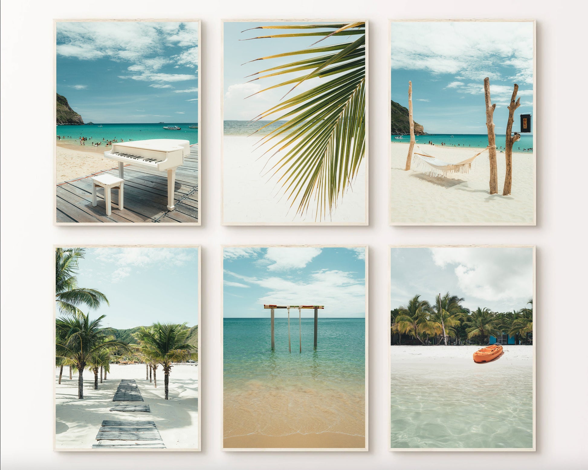 Set of 6 Gallery Beach Theme Wall Art Palm Tree Beach Tropical Set Framed Summer Beach Set Travel Gallery Wall Gift Sandy Beach Ocean Prints