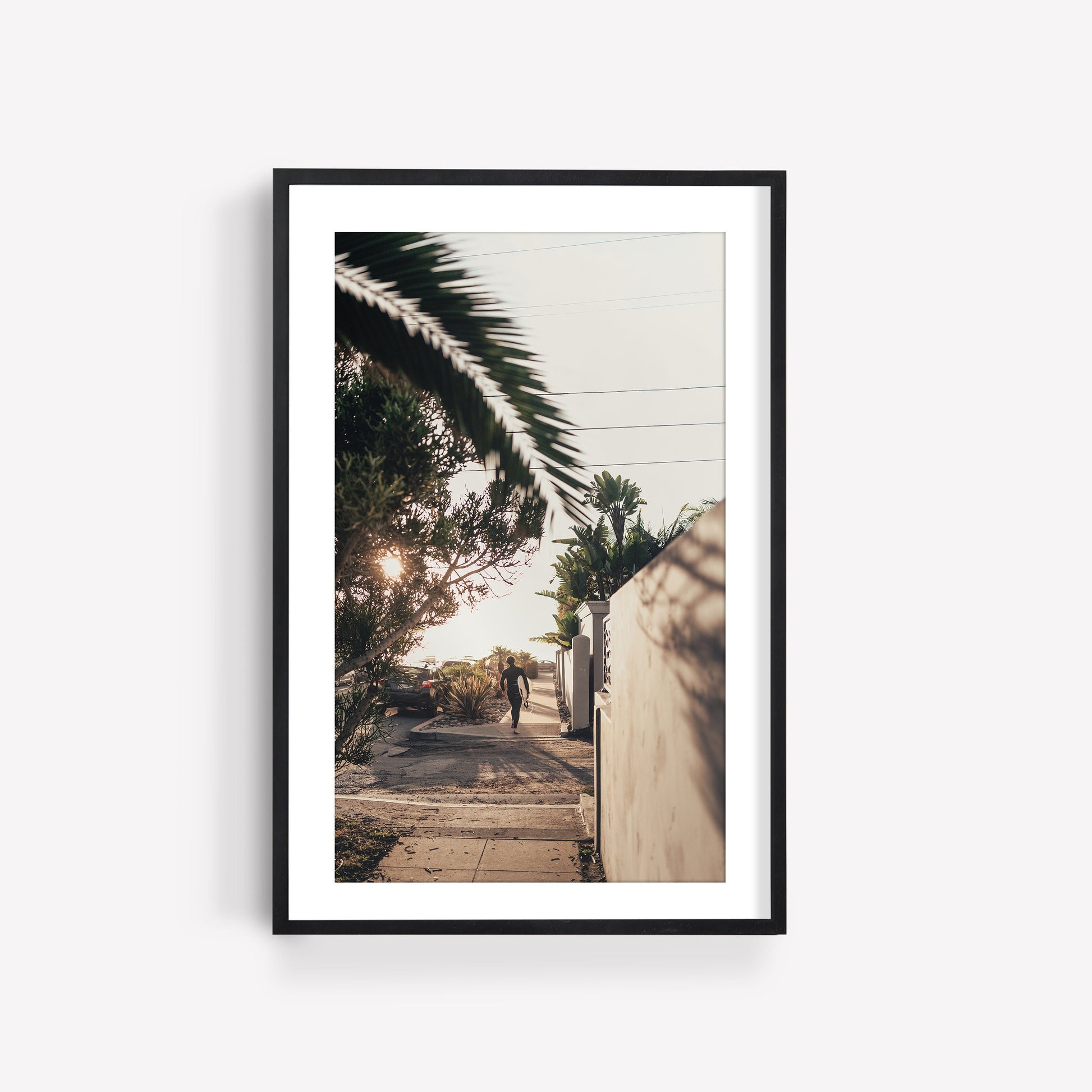 San Diego Surfer Photo Print California Palm Tree Street Photography Coastal Print Framed Surf Lifestyle Art Surfer Walking California Vibe