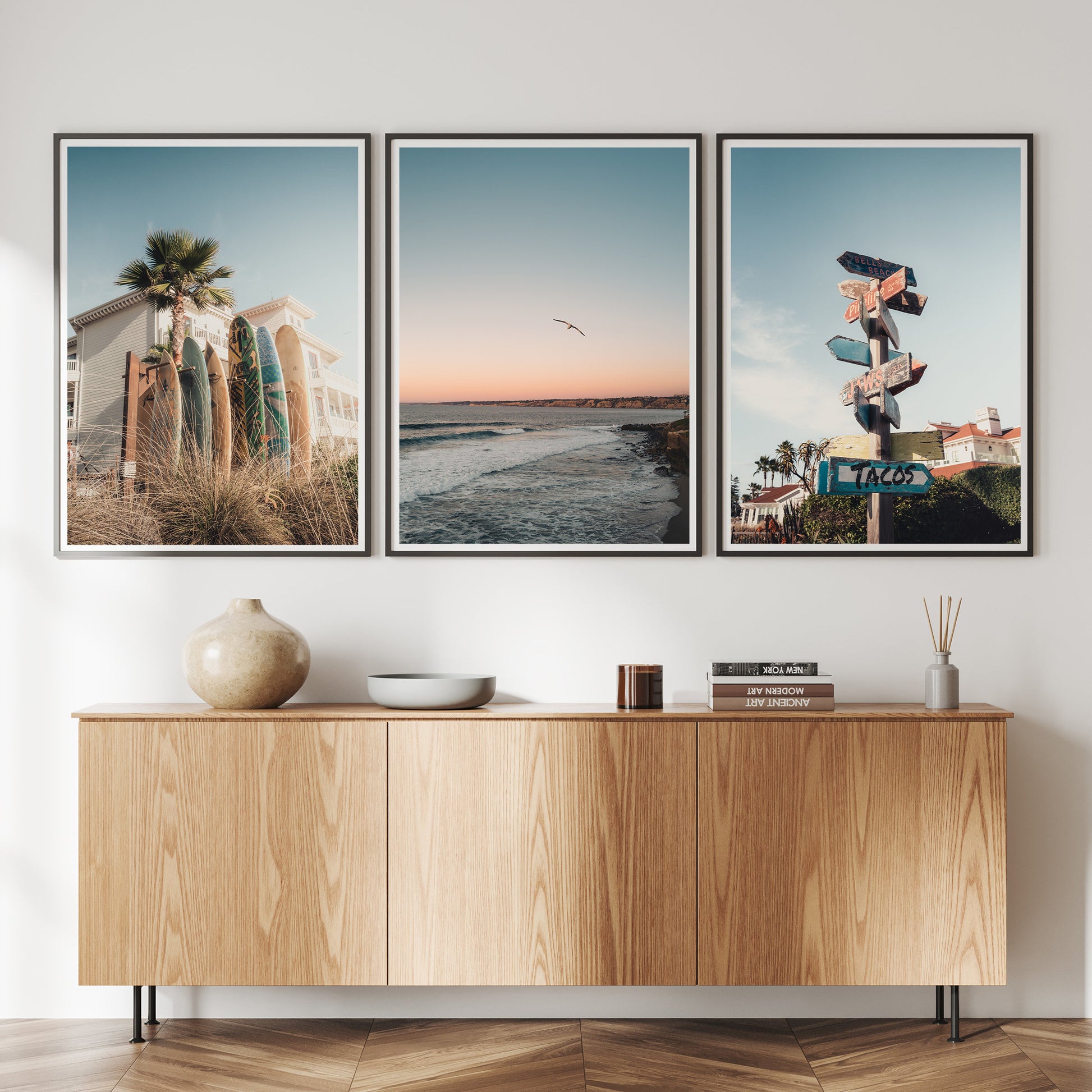 San Diego Surfboard Coastal Framed California Decor Photography Set of 3 Fine Art Coastal Beach House Decor Framed Photo Large Sunset Beach